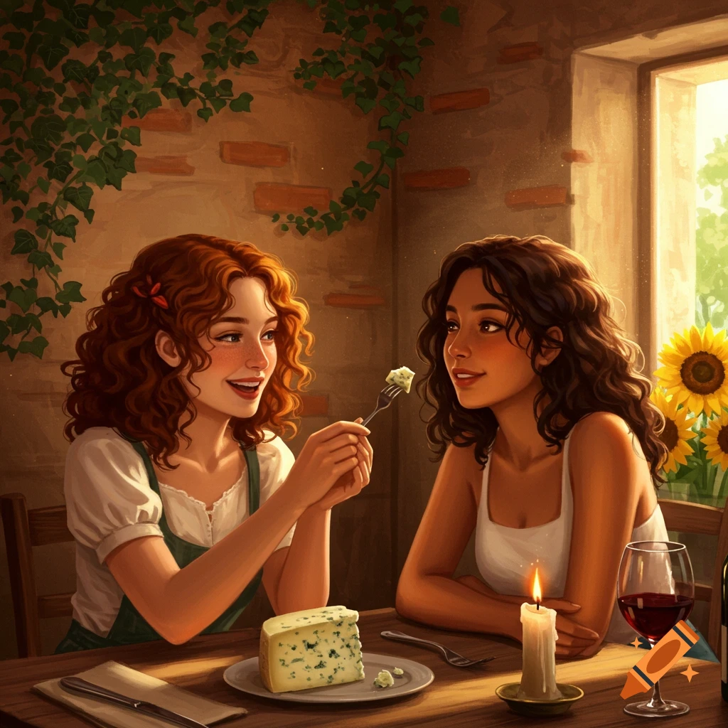 An illustration of two young women dining in a rustic setting, one feeding the other blue cheese. Sunflowers bloom outside a window.
