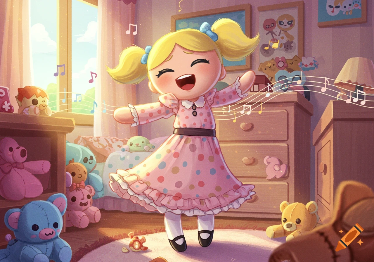A happy cartoon girl with blonde pigtails and a pink polka-dot dress sings in a sunlit bedroom filled with plush toys.