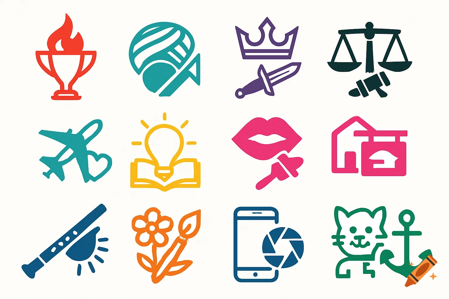 A grid of twelve minimalist, colorful vector logos on a white background, featuring various symbols like a trophy with flame, turban, crown with sword, scales of justice, airplane with heart, lightbulb over book, lips with dropper, house with sign, flute, flower with paintbrush, smartphone with camera lens, and a cat with an anchor.