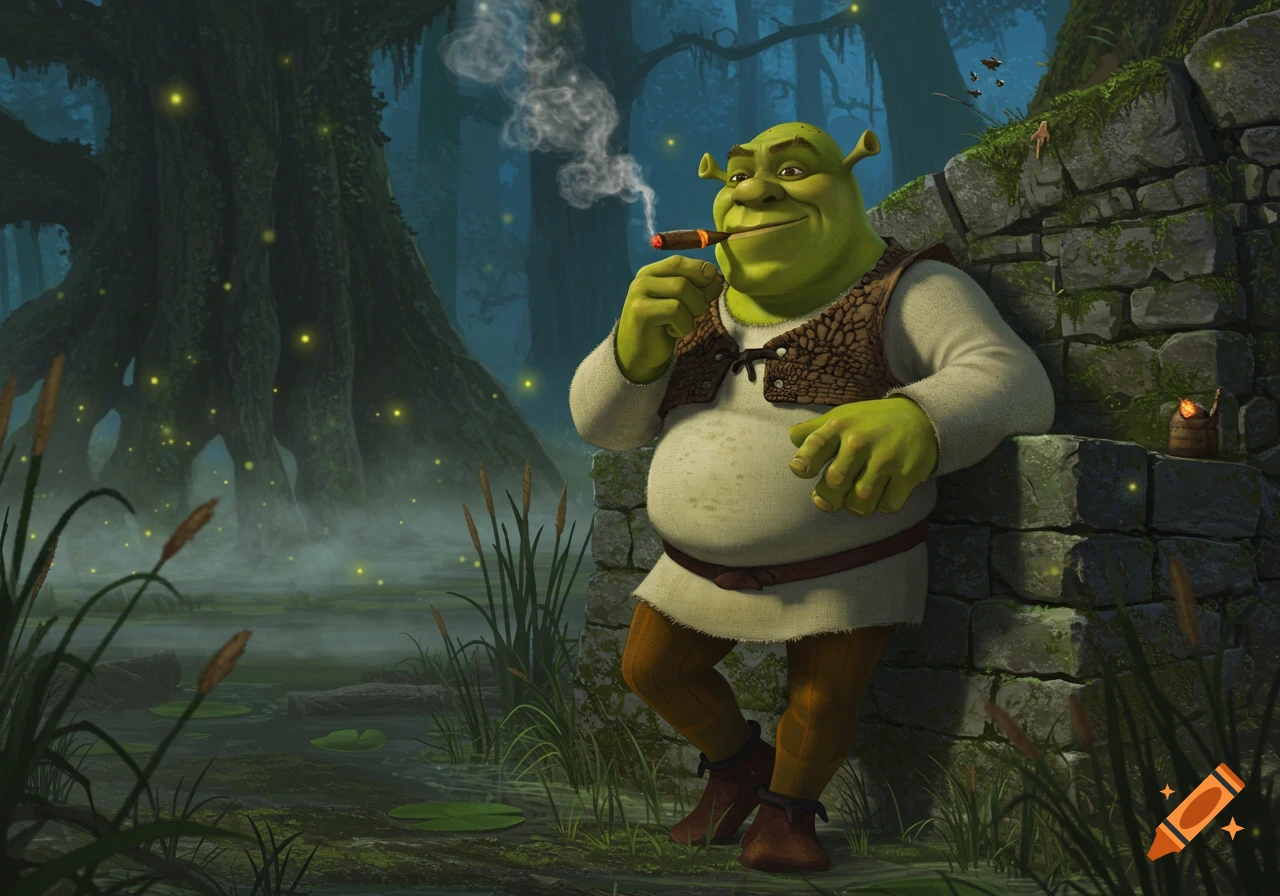 Shrek, the green ogre, smokes a cigar while leaning against a mossy stone wall in a misty swamp with fireflies.