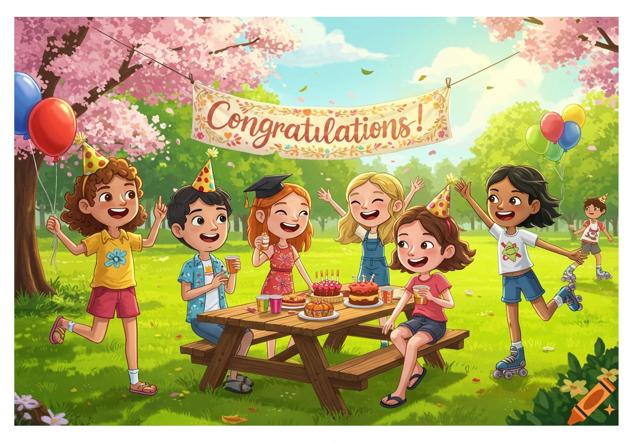 Diverse cartoon children celebrate a graduation party in a cherry blossom park with cakes, balloons, and a 'Congratulations!' banner.