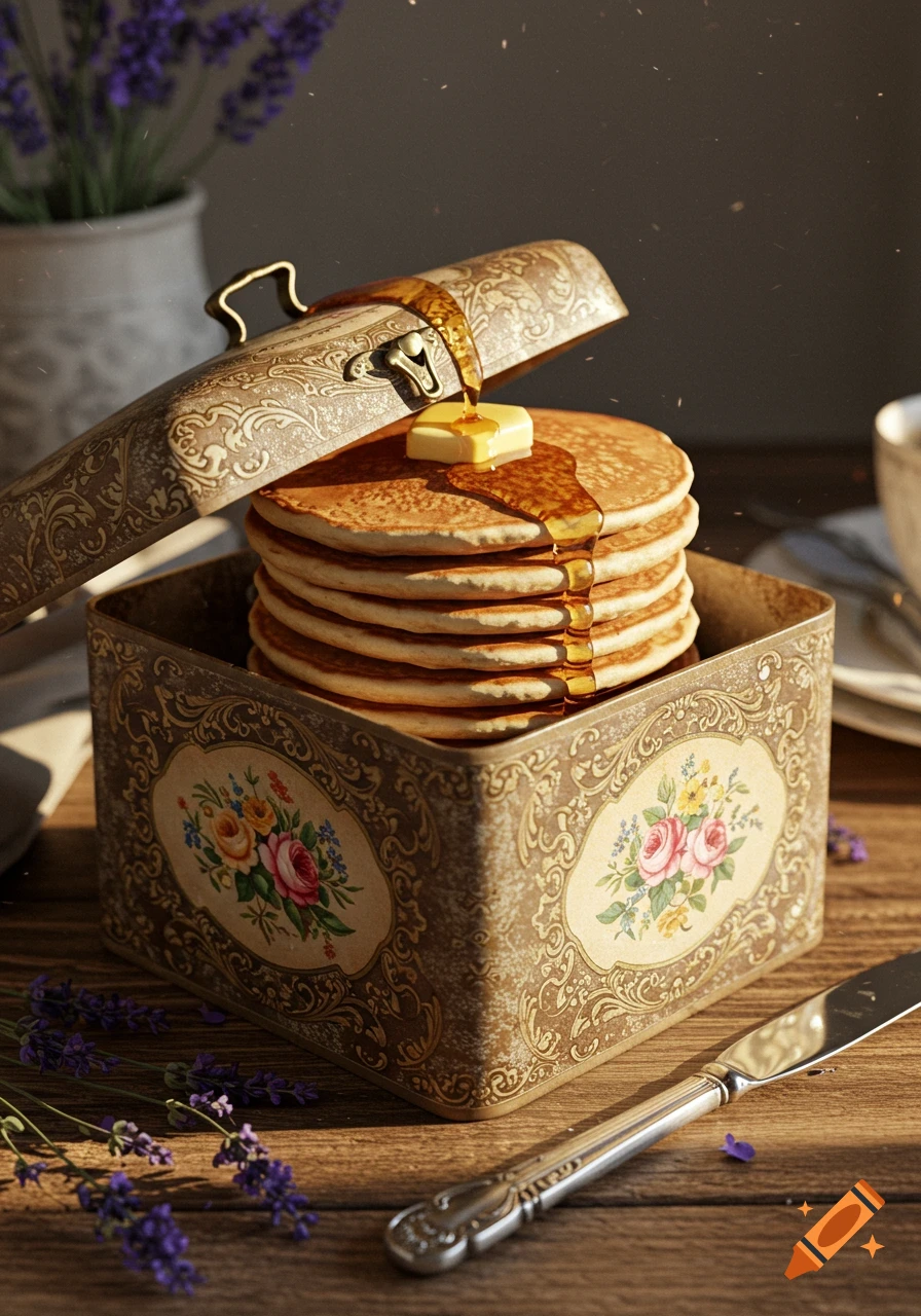 A stack of pancakes with syrup and butter in a decorative vintage box, surrounded by lavender and a knife on a wooden table.