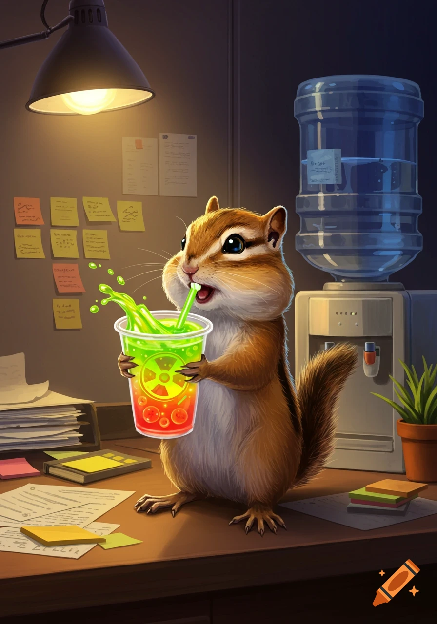 A cute chipmunk in an office drinks bright green 'radioactive' fruit punch from a cup with a biohazard symbol.