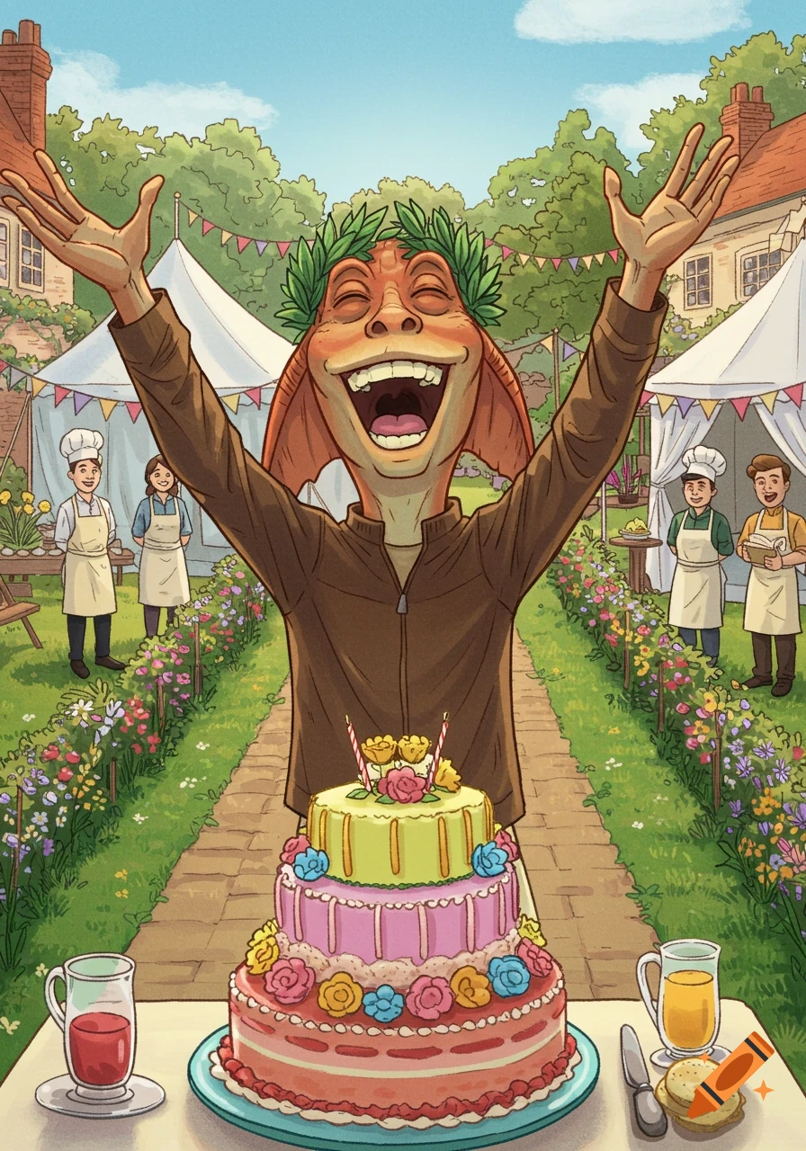 Cartoon Jar Jar Binks raises his arms in celebration, wearing a wreath, behind a large tiered cake at an outdoor garden party.