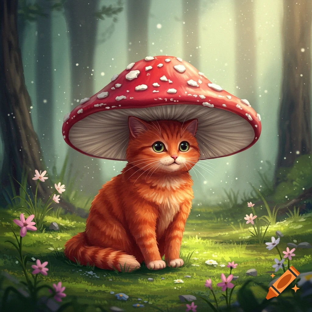 A cute, fluffy orange cat sits in a magical forest, wearing a red and white mushroom hat. Digital illustration.