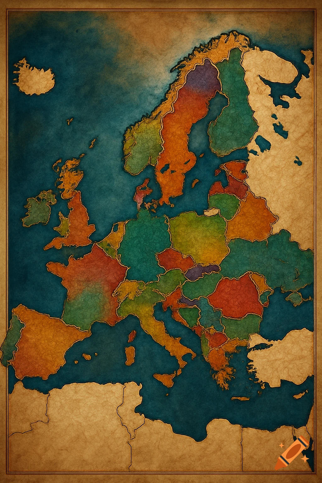 A vintage-style, textured map of Europe with countries in various colors on a parchment background.