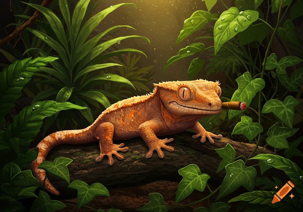 An orange crested gecko with a cigar in its mouth sits on a branch in a lush tropical jungle illustration.