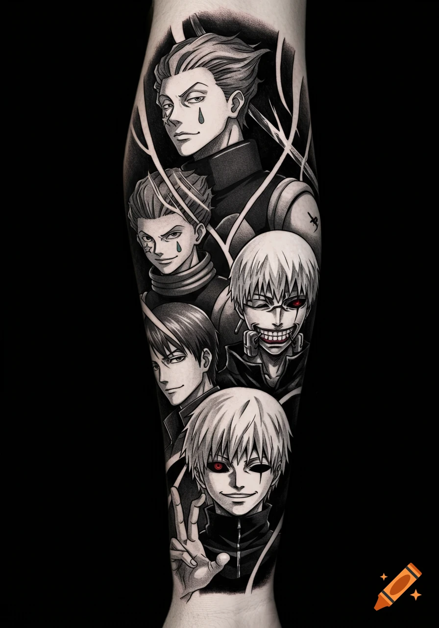 A detailed black and white manga-style tattoo on an arm, featuring multiple anime characters including Hisoka and Kaneki with red eyes.