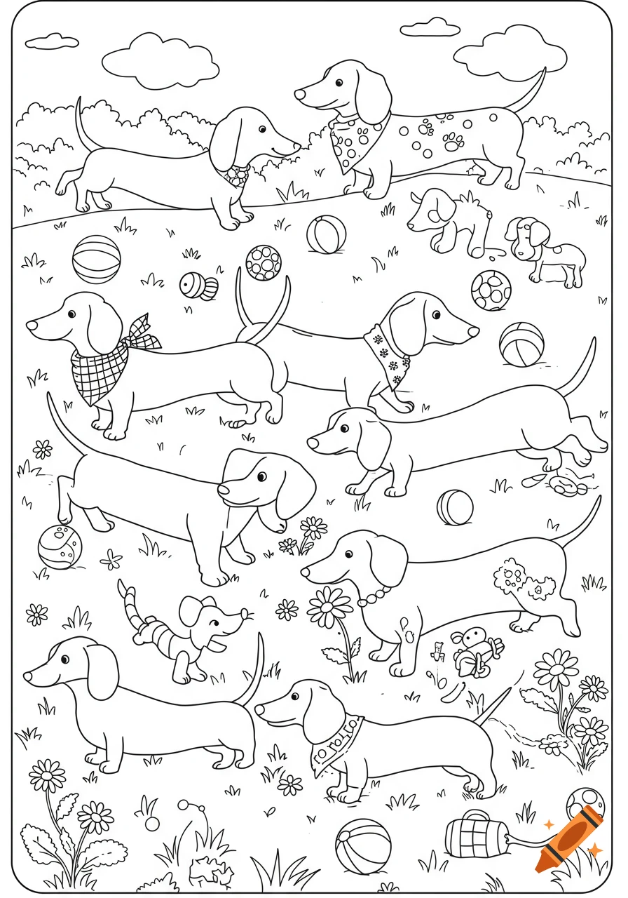 A detailed coloring book page featuring many happy dachshunds playing in a grassy field with balls and flowers.