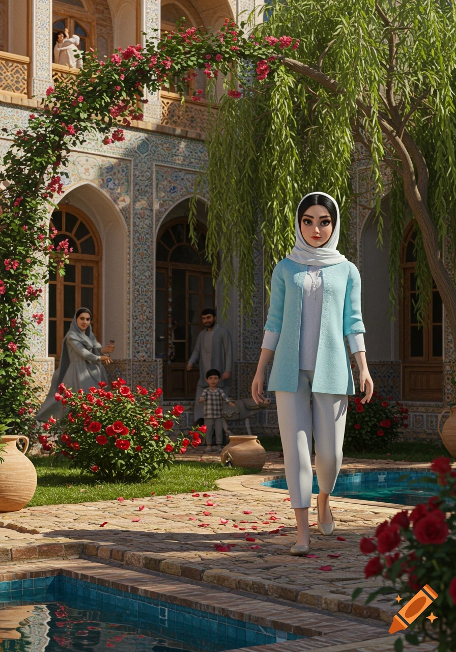 A 3D-rendered Shirazi girl in a white hijab and blue jacket walks through a traditional Iranian villa courtyard with pools, roses, and other family members.