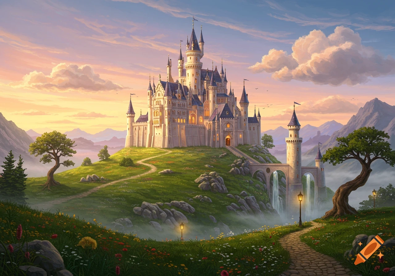 A majestic fantasy castle sits on a green hill at sunset, with a winding path, waterfalls, and distant mountains.