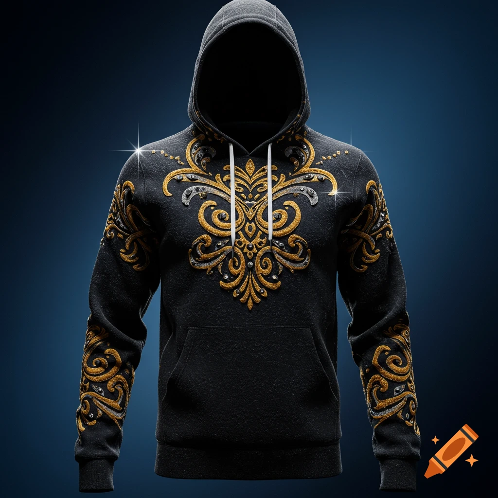 Dark gray hoodie with elaborate gold and silver ornate designs and small jewels on the chest and sleeves, set against a dark blue background.