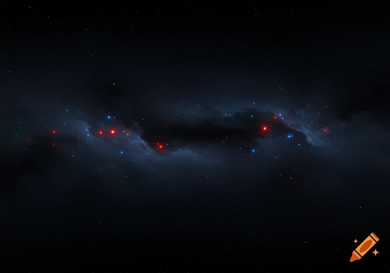 A dark space nebula with swirling blue-grey gas and numerous bright red and blue stars against a starry background.