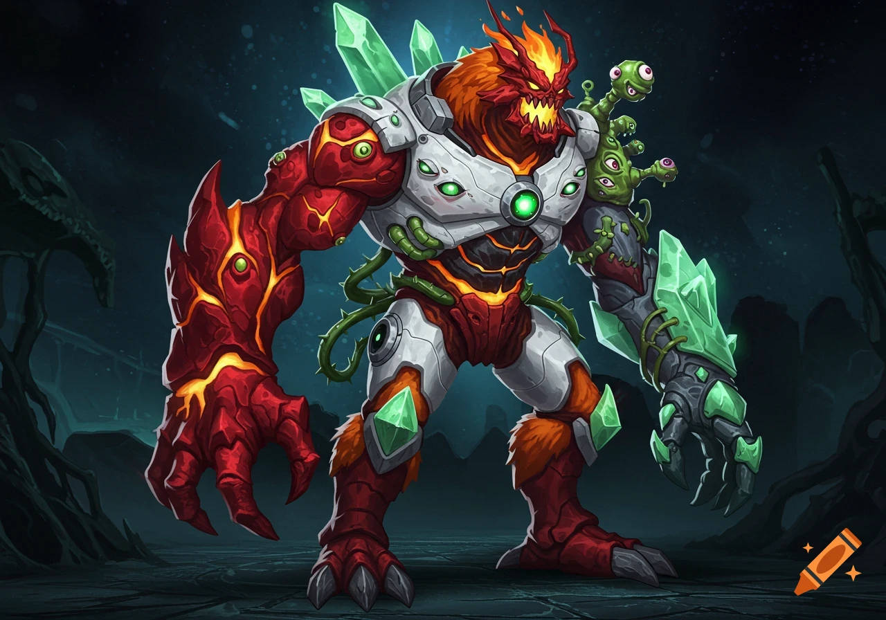 A muscular, red and white mutated creature with green crystals, vines, multiple eyes, and fiery head crest stands in a dark environment.