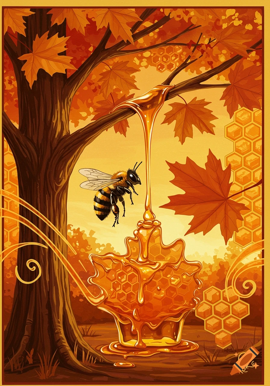 Illustrative image of a bee flying over a stylized maple leaf made of honeycomb, dripping with honey, beside a tree with autumn leaves.