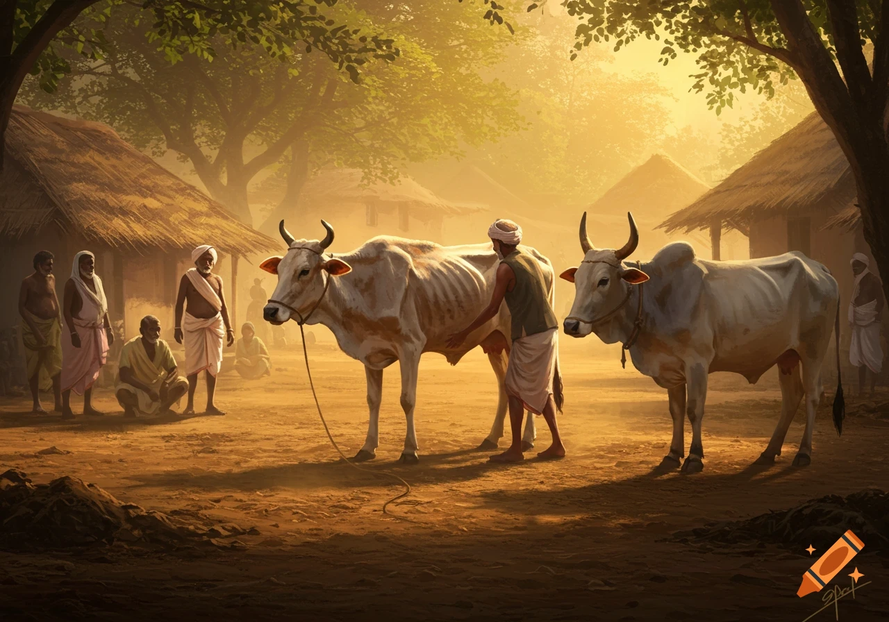 A farmer gently supports a thin cow in a dusty rural Indian village at sunset, with another ox and villagers in the background.
