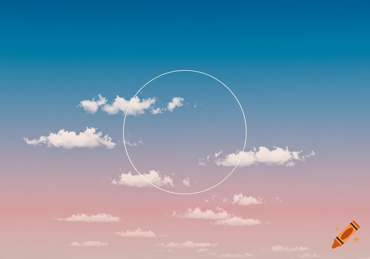 A minimalist image of a pink and blue gradient sky with scattered white clouds, bisected by a white circle.
