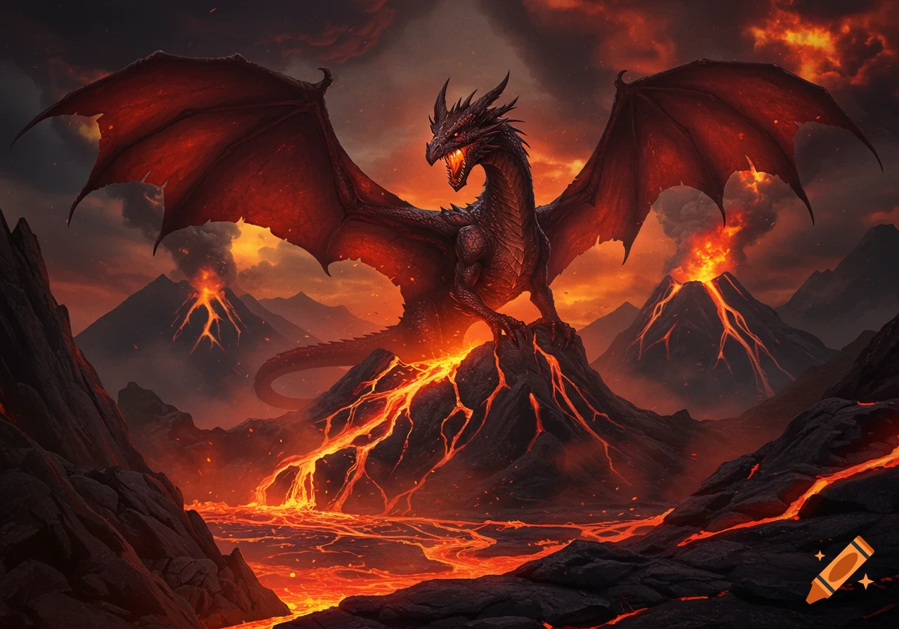A fierce dark red dragon with large wings perched on a rocky peak, surrounded by erupting volcanoes and flowing lava under a fiery sky.