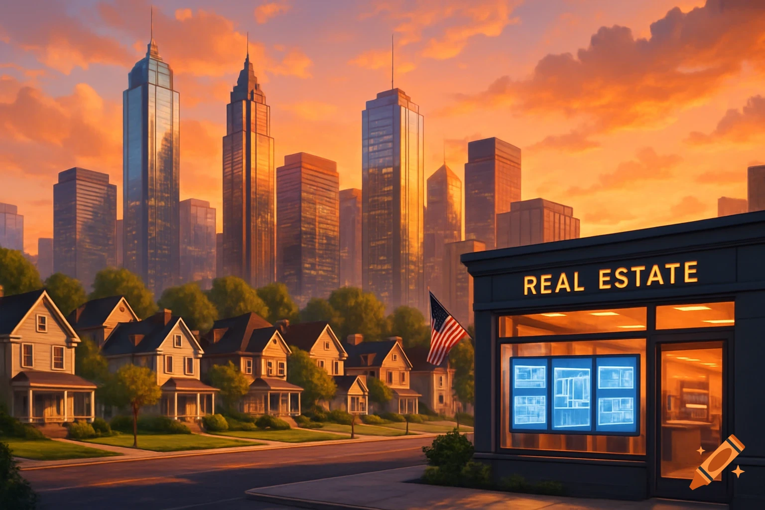 Stylized illustration of a street with houses and a 'REAL ESTATE' office, facing a cityscape under an orange sunset sky.