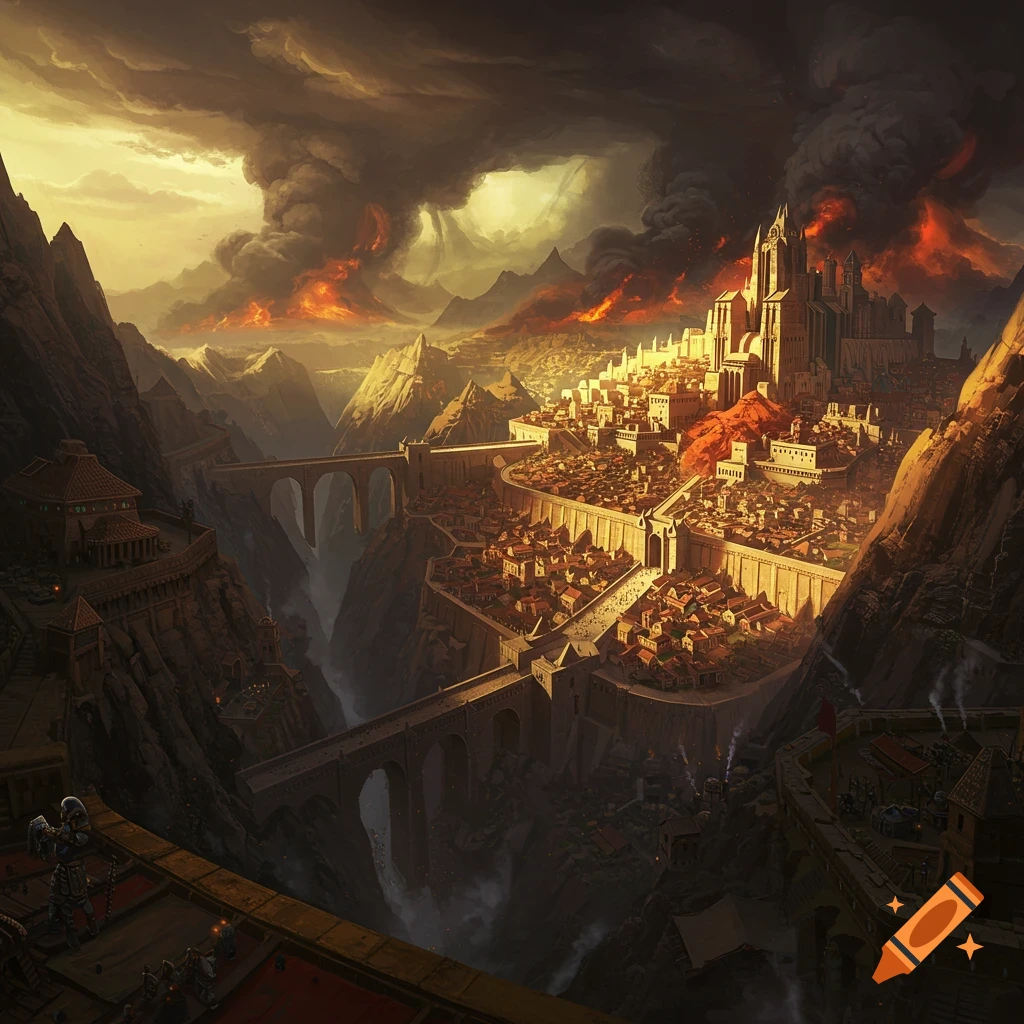 Aerial view of a sprawling fantasy city with a towering castle and bridges in a mountainous valley, covered by a dark, fiery volcanic ash cloud.