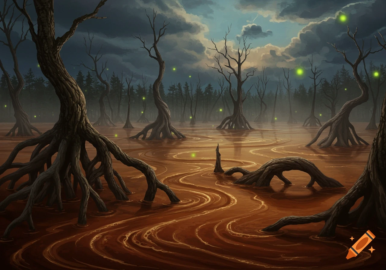 A dark fantasy swamp at dusk with gnarled, bare trees rooted in swirling, murky brown water, dotted with glowing green fireflies under a cloudy sky.