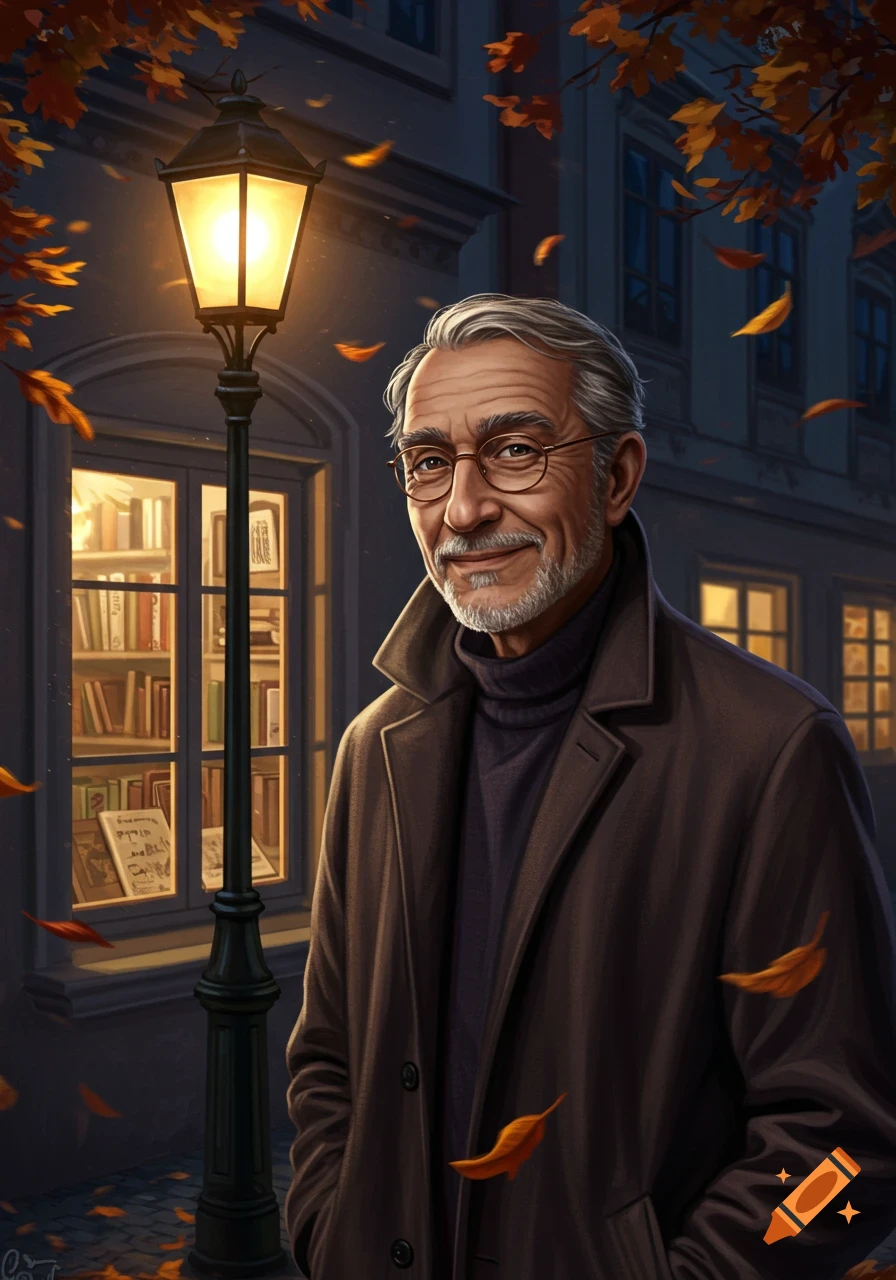 Illustrated portrait of a smiling older man with glasses and a beard on an autumn night street, with a lamppost and a bookshop window.