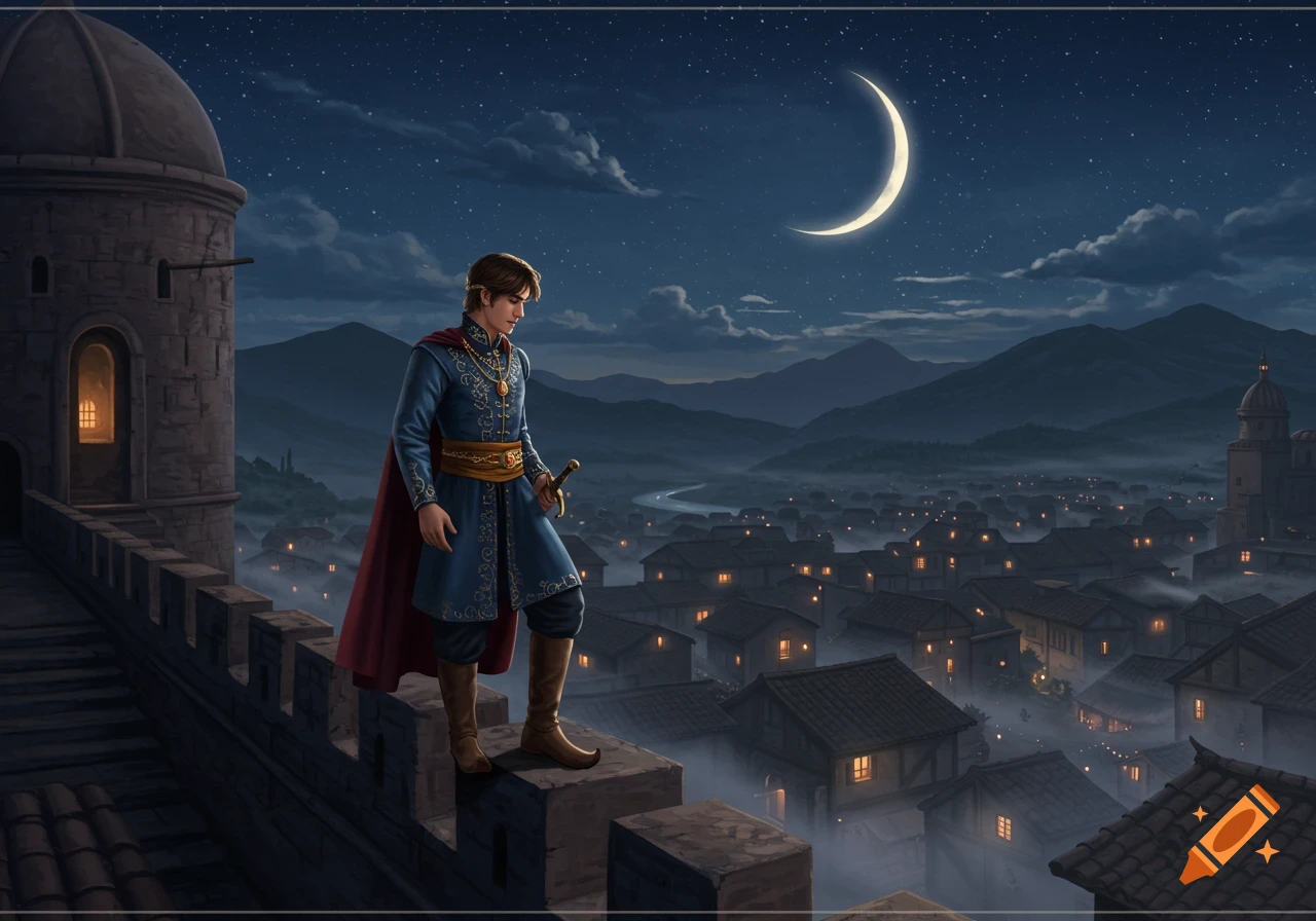 Digital painting of a young prince in rich attire standing on a castle wall, overlooking a misty town at night under a crescent moon.