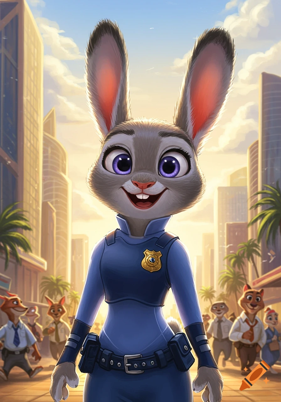 Smiling Judy Hopps, a cartoon anthropomorphic rabbit police officer, stands in a bustling city street.