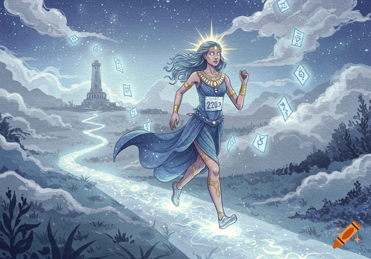 A goddess-like marathon runner in a starry blue dress runs on a glowing path under a night sky, with a tower and floating runes, in an illustration.