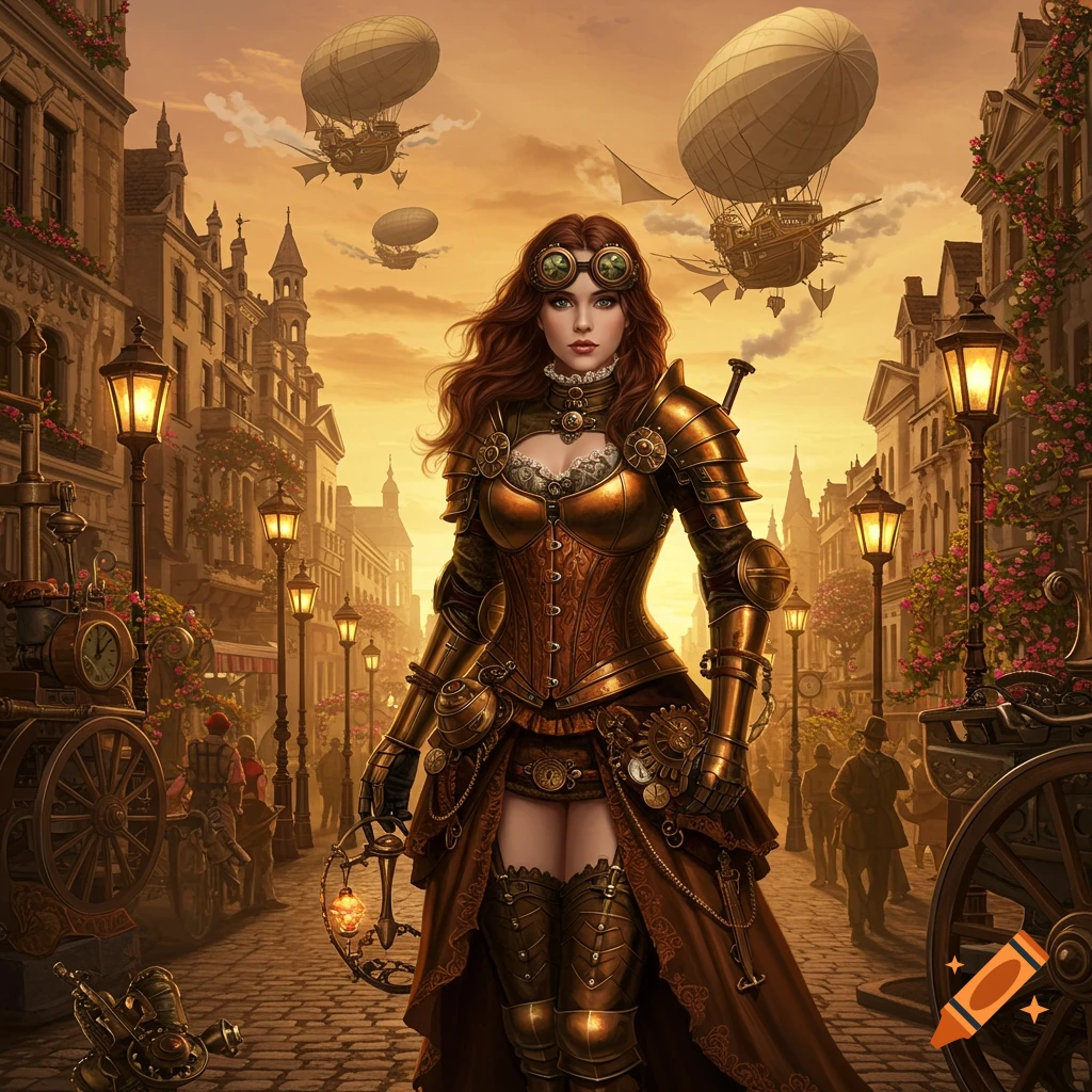A woman in bronze steampunk armor stands on a cobblestone street, holding a lantern. Steampunk airships fly over a city at sunset.