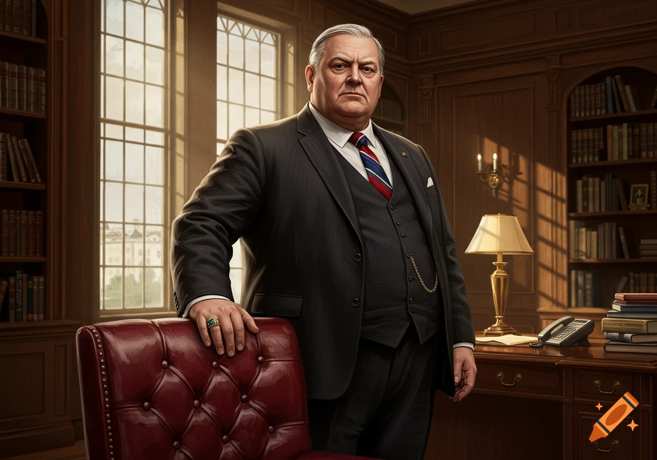 A stern, heavy-set man in a dark suit and red-white-blue tie stands in a wood-paneled office with a large window and bookshelves.
