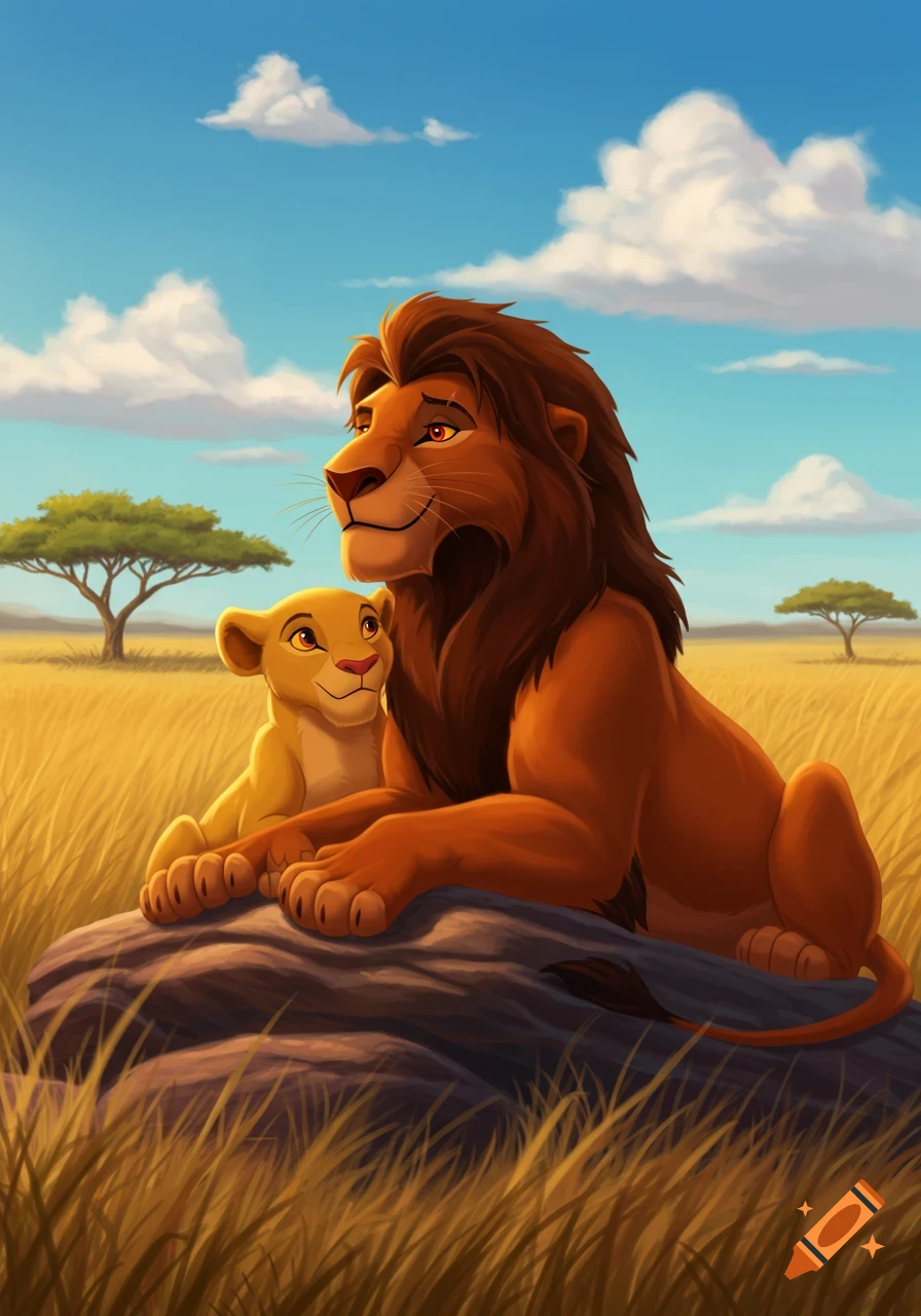 An adult lion and a cub sit on a rock in a sunny savanna with scattered trees, in a cartoon style.