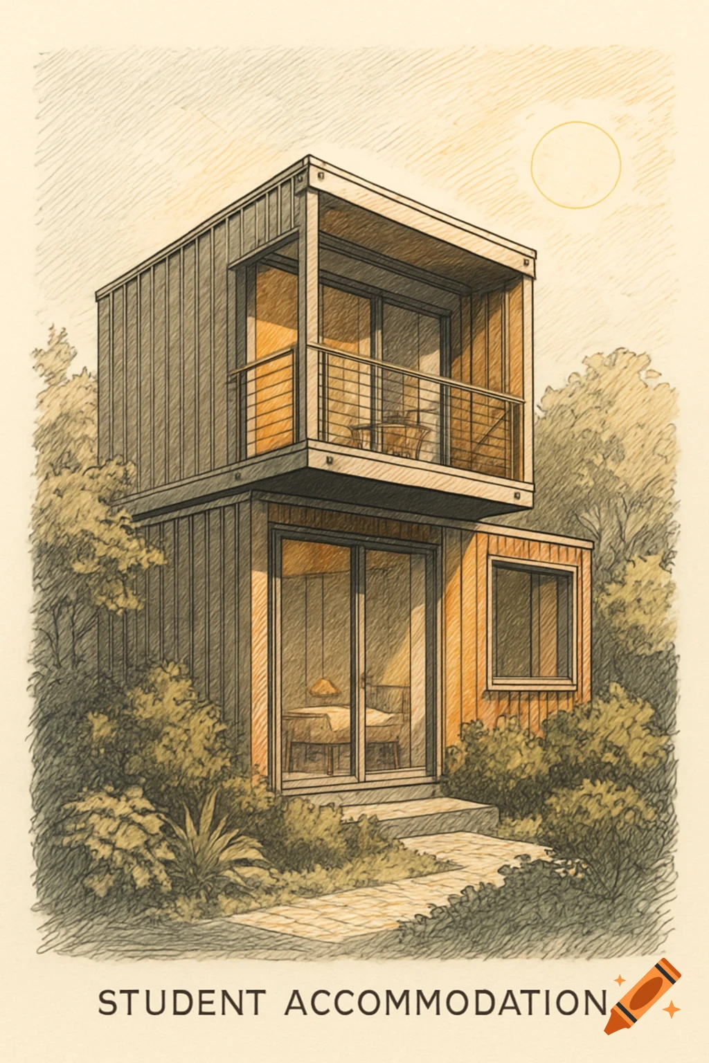 Shaded drawing of a two-story modular container house in a lush setting, with 'STUDENT ACCOMMODATION' text below.