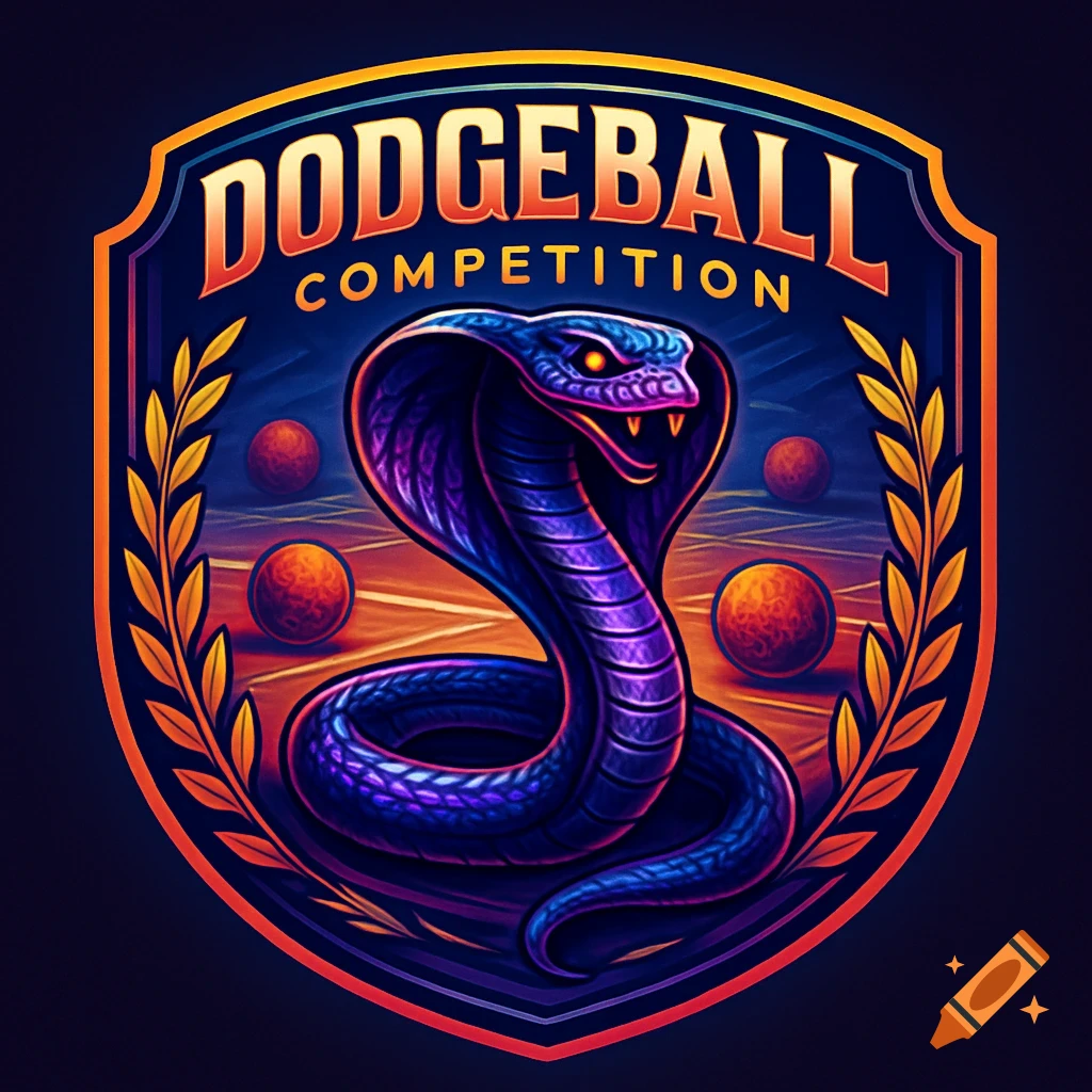A stylized purple and orange dodgeball competition badge with a fierce cobra snake, text, and dodgeballs.