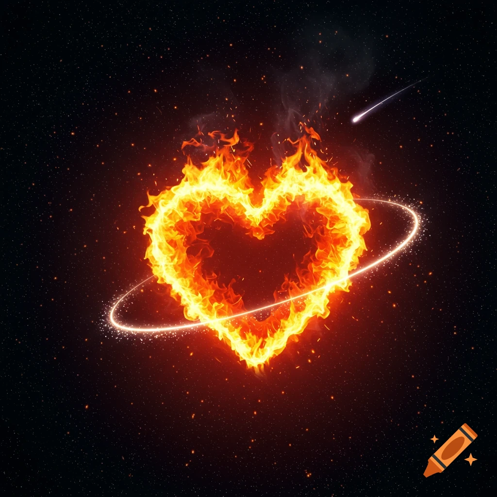 A flaming heart in deep space, encircled by a glowing ring, with a distant shooting star.