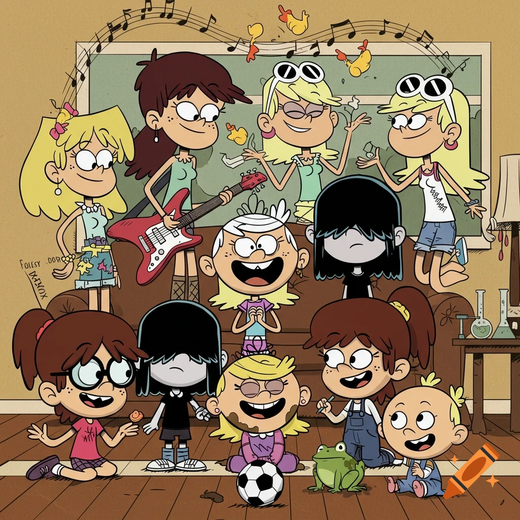 An illustration of the Loud House family in their living room. Some characters play musical instruments, while others interact with a frog or soccer ball.