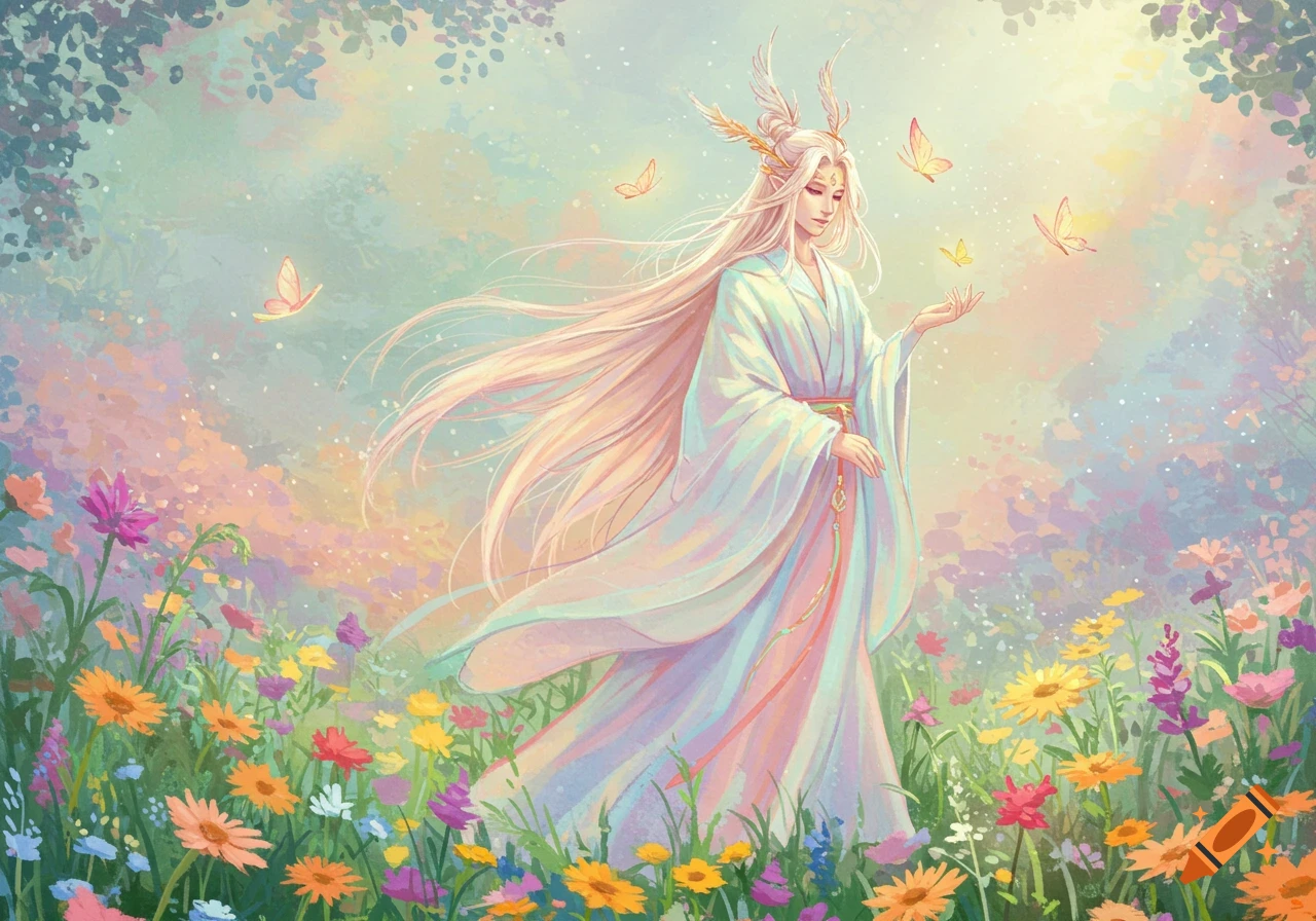 Elegant elf-like figure with long white hair in a robe, standing in a vibrant field of colorful flowers with butterflies, digital art.