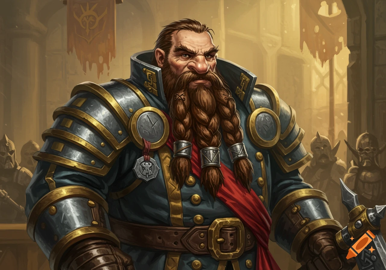 A stern, broad-shouldered fantasy dwarf captain with a long braided beard, wearing a decorated uniform and red sash.