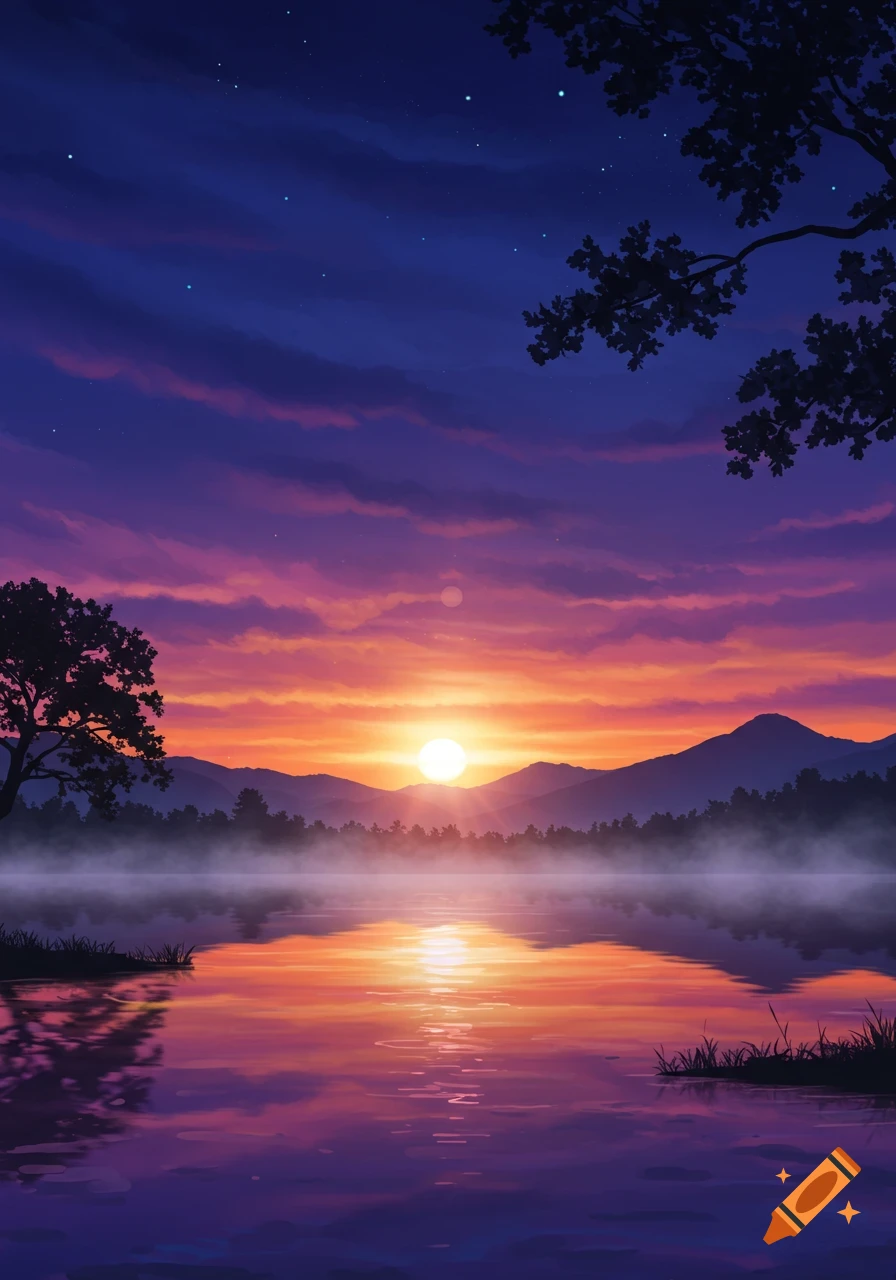Vibrant sunset over a misty lake with mountains, trees, and purple-orange reflections in a digital art style.