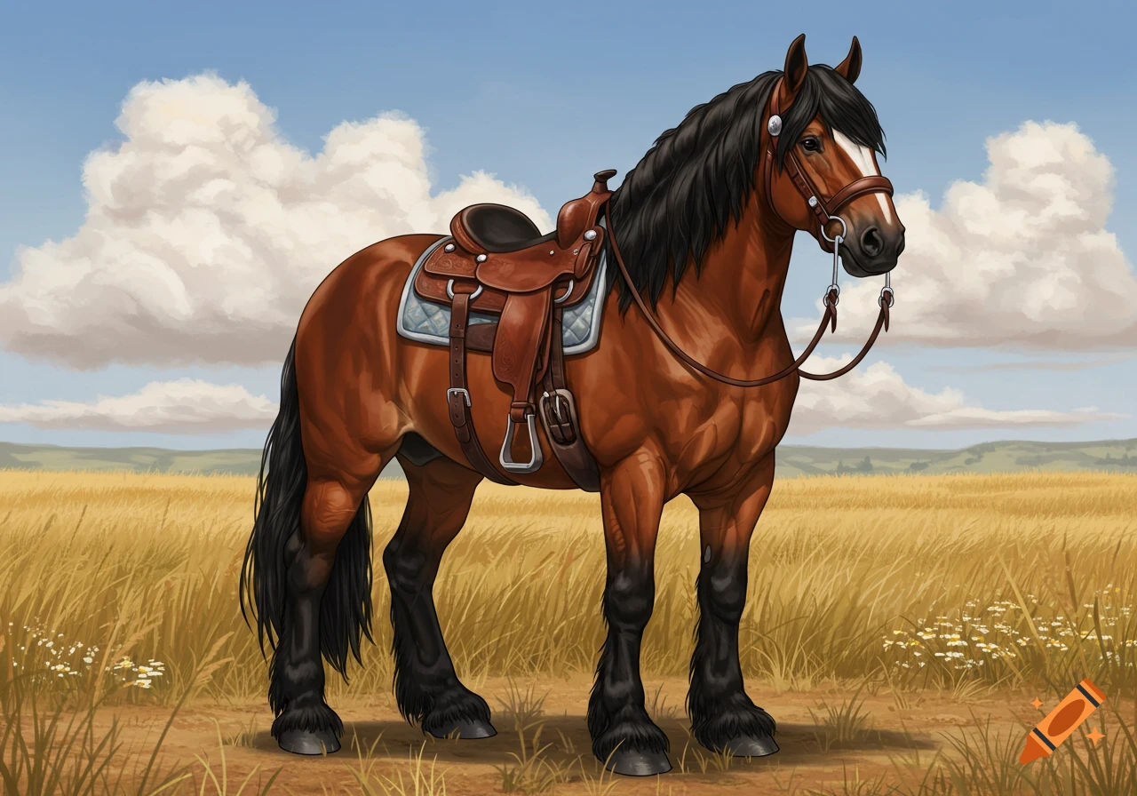 A large brown draft horse with a black mane, tail, and fur-covered legs, wearing a western saddle and bridle, stands in a golden field under a blue sky.