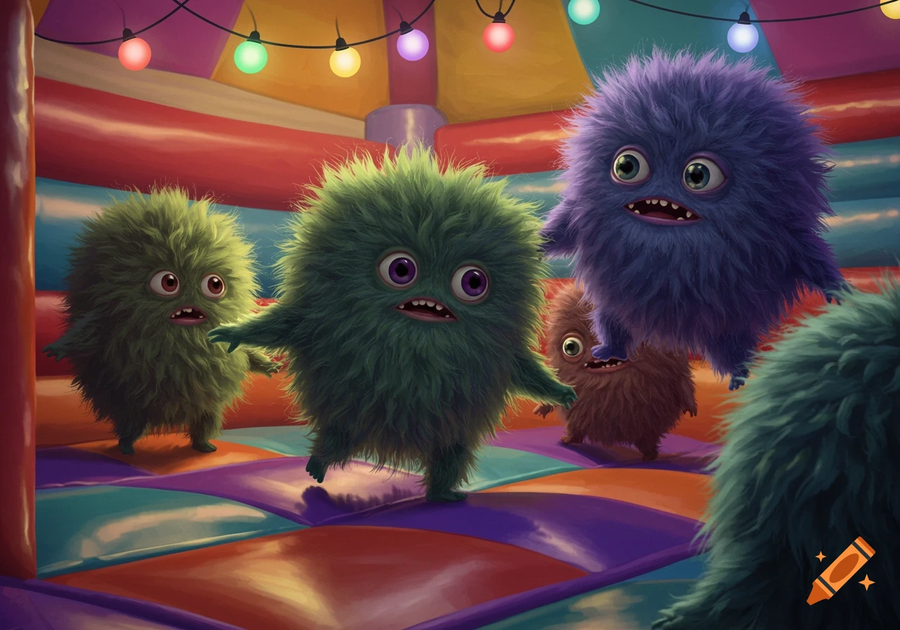 Furry, colorful cartoon monsters with large eyes playing in a vibrant bounce house with string lights.