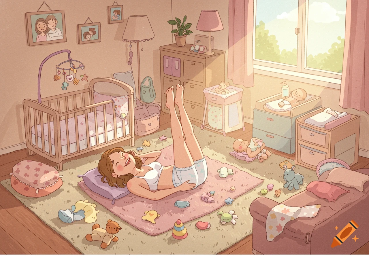 A cartoon of a smiling mother in a bra and diaper lying on a rug, legs up, in a nursery with a crib and toys.