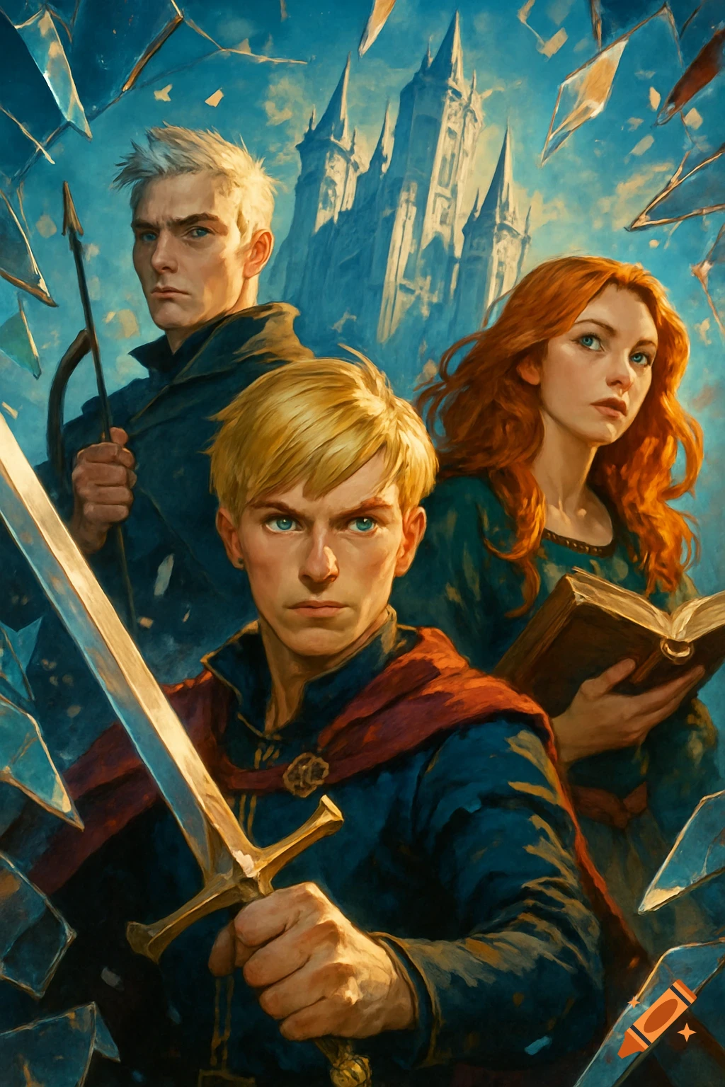 Three fantasy heroes, a blonde man with a sword, a silver-haired archer, and a red-haired woman with a book, stand before a castle framed by shattered glass.