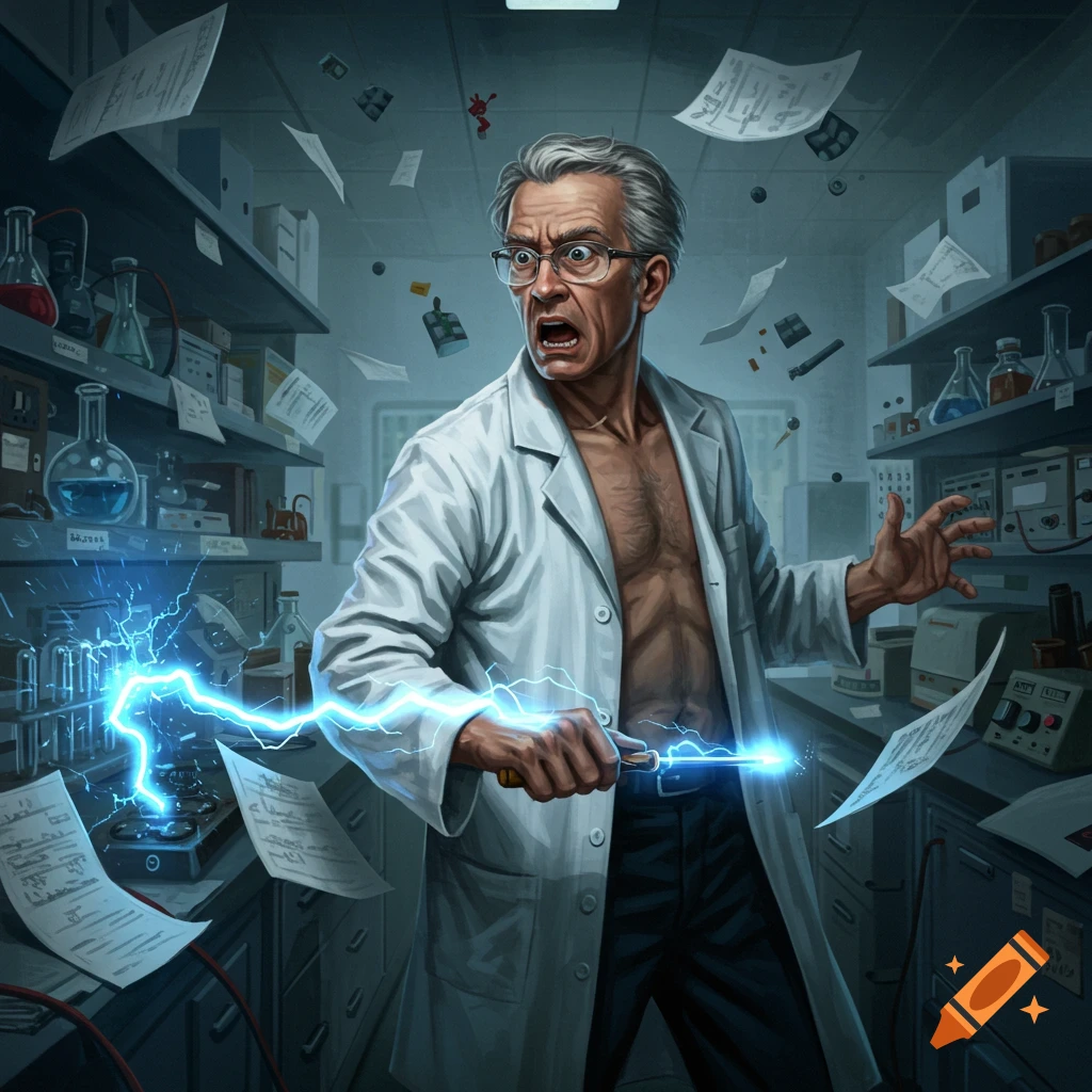 A frantic, skinny older scientist in an open lab coat is shocked while holding an electric device in a chaotic laboratory.