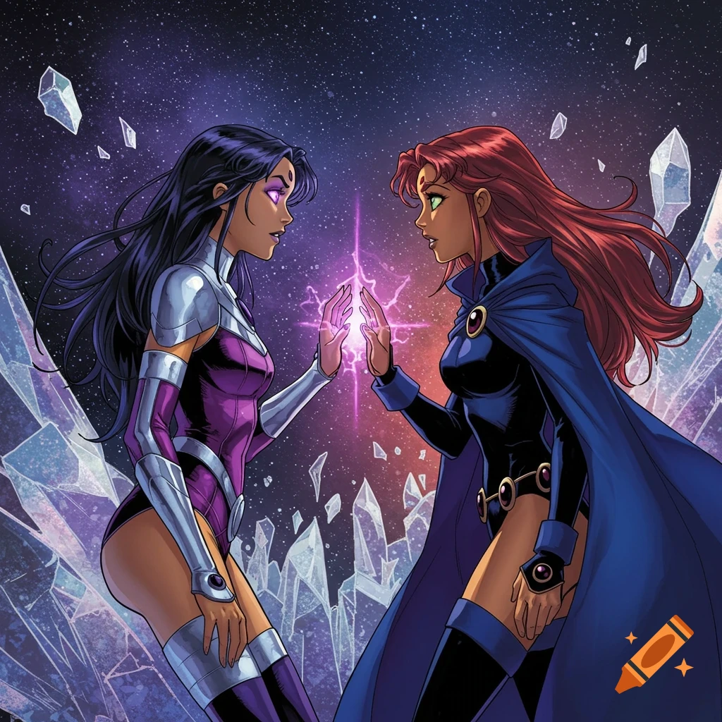 Two female comic book superheroes, one in purple armor and the other in a black cape, touch glowing hands amidst floating ice in a starry cosmos.