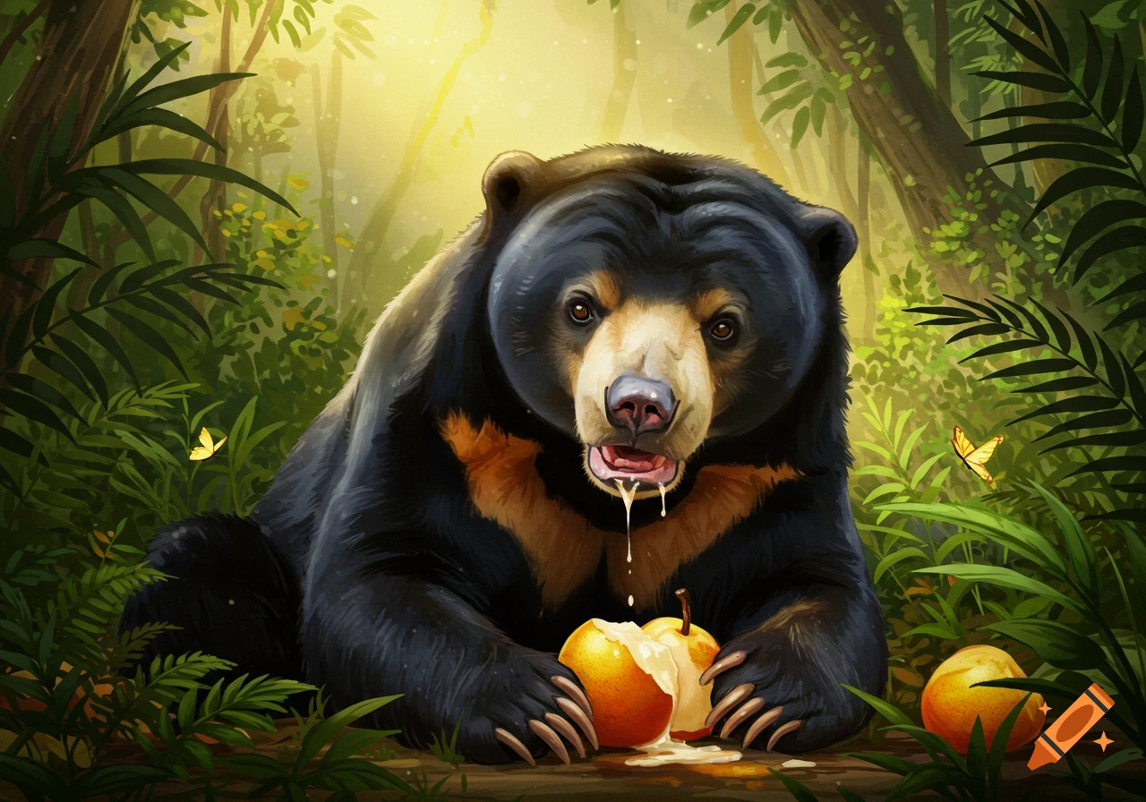 A digital illustration of a sun bear messily eating a pear in a lush green jungle.
