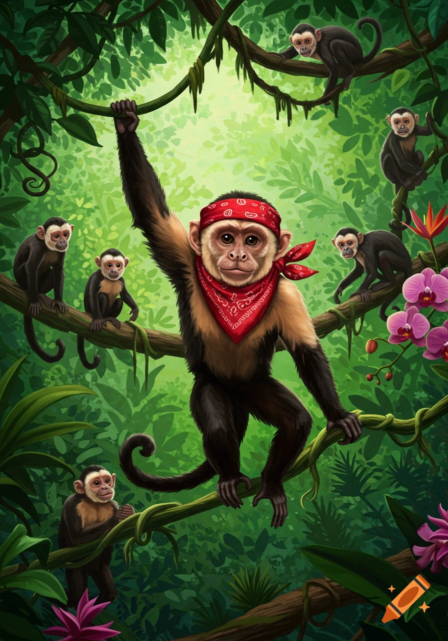 A vibrant illustration of a capuchin monkey in a red bandana swinging on a vine in a lush green jungle, surrounded by other monkeys on branches.
