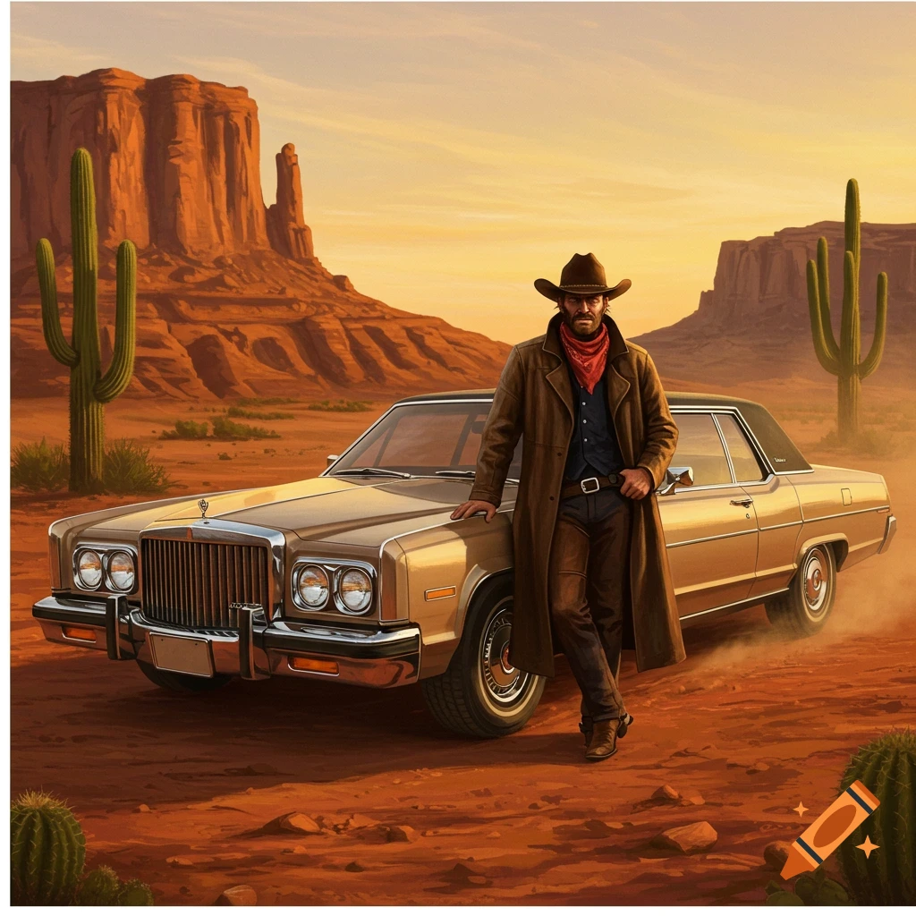 Rugged cowboy leans on a gold classic car in a desert with mesas and cacti under an orange sky, stylized artwork.