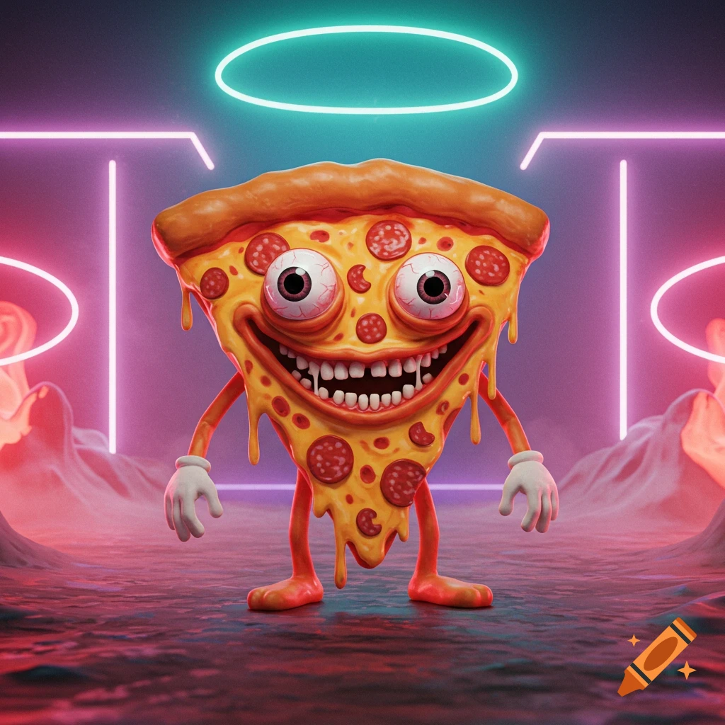 A creepy, surreal pizza slice character with bulging, bloodshot eyes, a wide smile, and dripping cheese, standing in a neon-lit landscape.