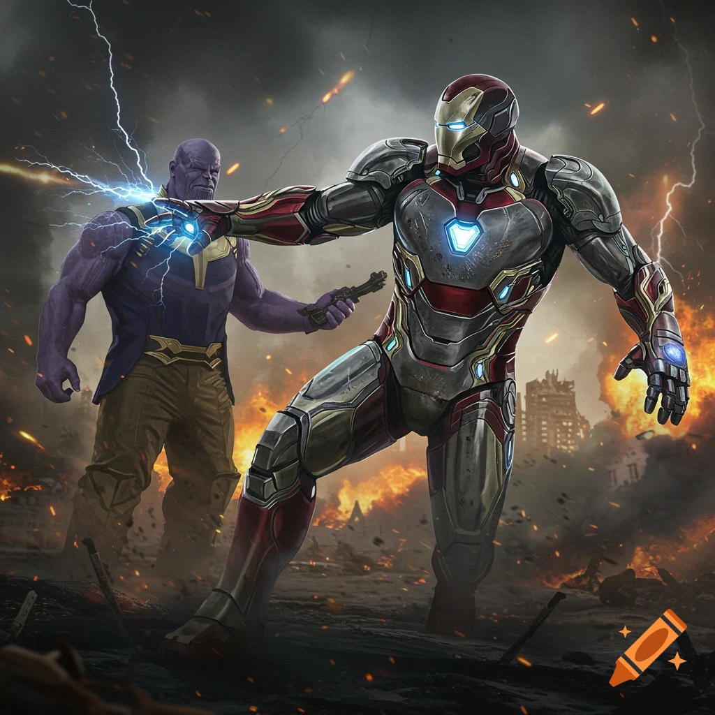 Iron Man battling Thanos with energy blasts amidst a burning, ruined city, digital art.